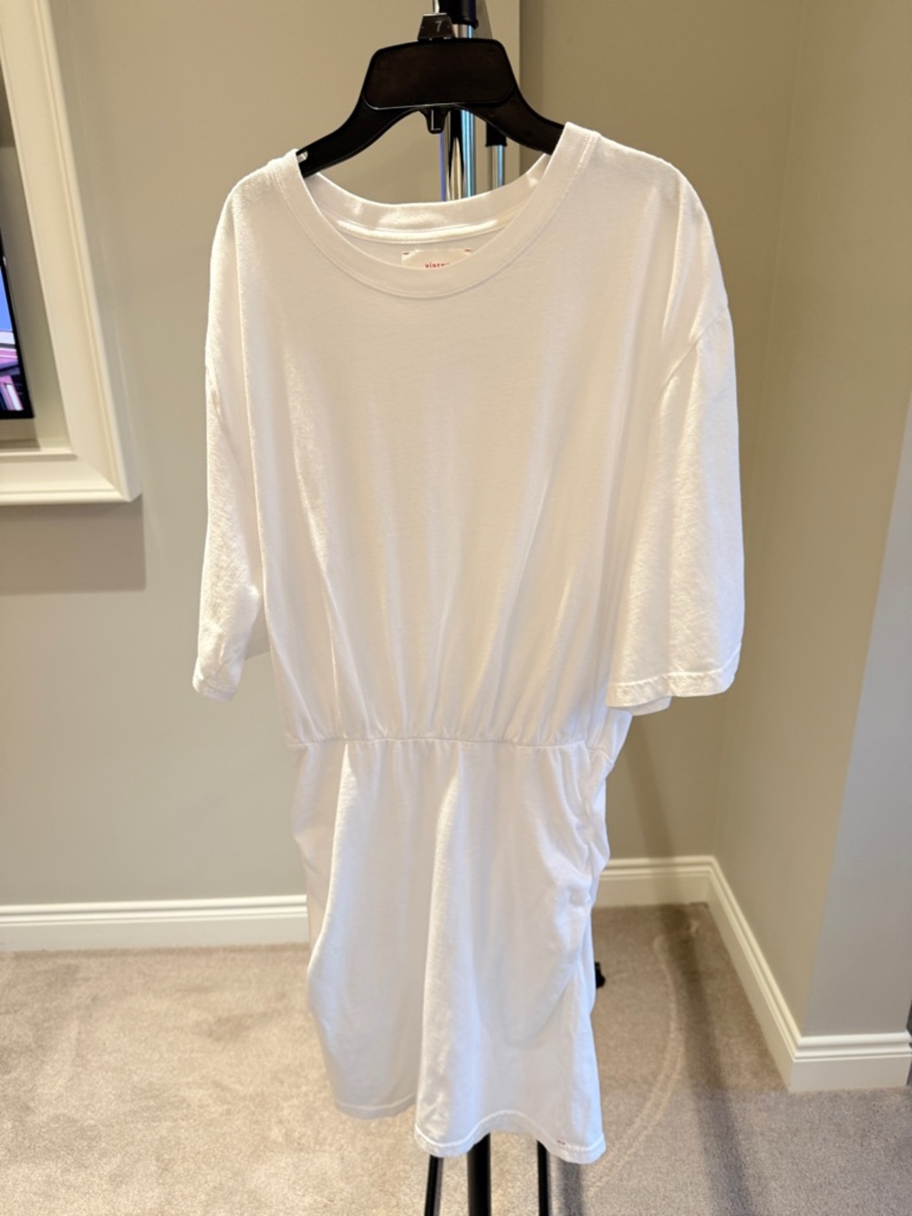 XiRENA White Crew Neck Tee Dress with Red Logo Detail